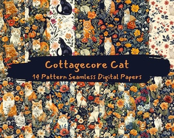 Cottagecore Cat Pattern Seamless Digital Papers - printable scrapbook paper instant download, commercial use, 300dpi