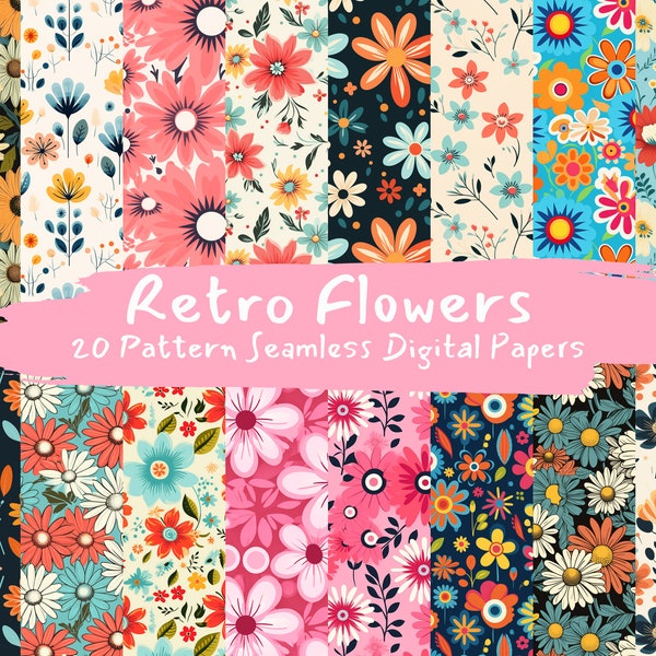 Retro Flowers Pattern Seamless Digital Papers - tile patterns printable scrapbook paper instant download for commercial use, 300dpi