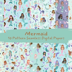 Puede incluir: Un conjunto de 10 patrones de papel digital con sirenas coloridas de diferentes tonos de piel, rodeadas de vida marina y coral. Los patrones son sin costuras y perfectos para proyectos de manualidades.
