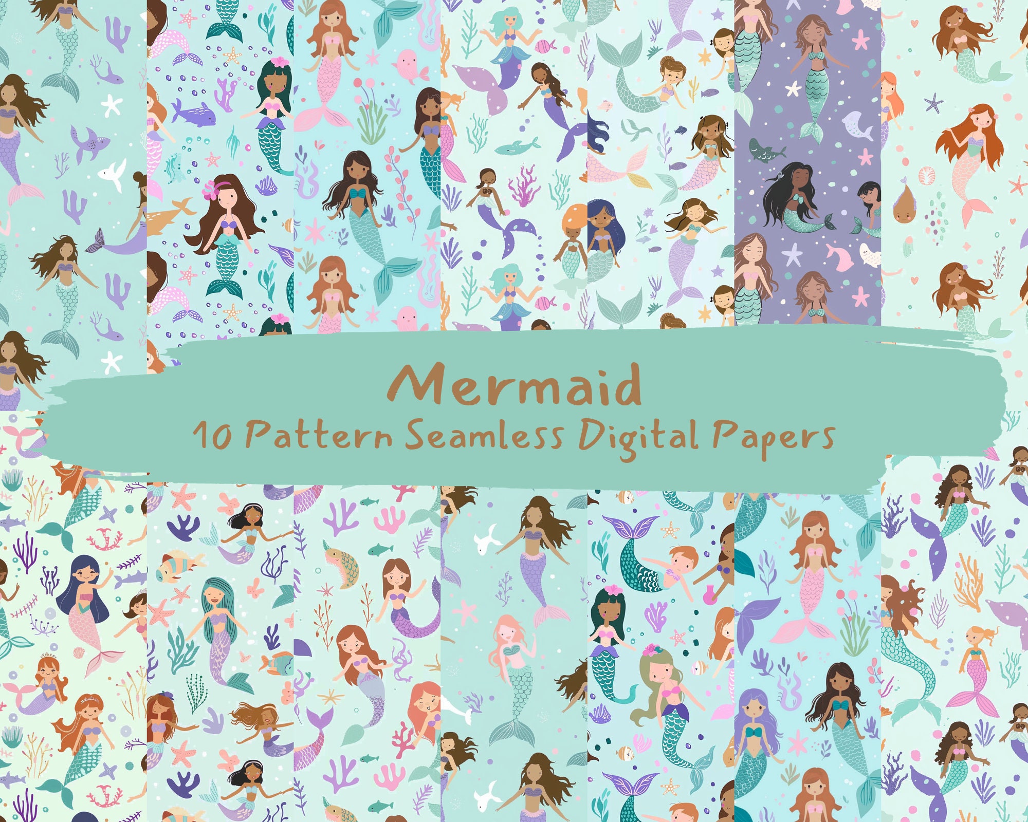 Mermaid Pattern Seamless Digital Papers - printable scrapbook paper instant download, commercial use, 300dpi