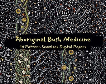 May include: A set of 10 digital papers featuring Aboriginal art inspired patterns. The patterns are black and white with yellow, red, and green accents. The patterns are seamless and can be used for a variety of projects.