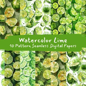 May include: Ten watercolour patterns featuring lime slices and leaves on a white background. The patterns are seamless and can be used for digital paper, scrapbooking, or other creative projects. The text "Watercolor Lime 10 Pattern Seamless Digital Papers" is displayed on a green banner.