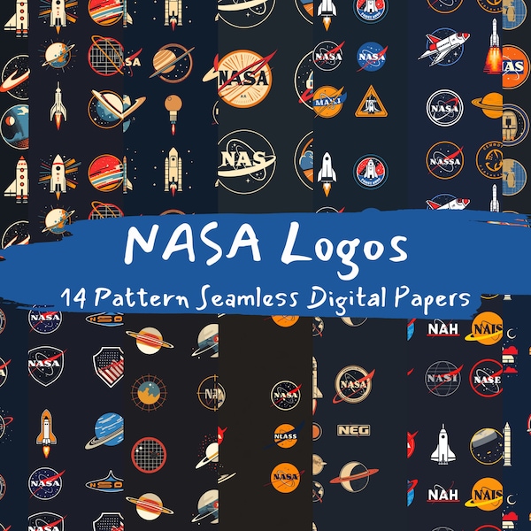 NASA Logos Pattern Seamless Digital Papers - printable scrapbook paper instant download for commercial use, 300dpi