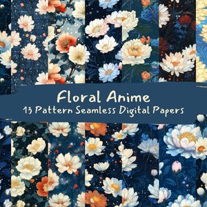 Floral Anime Pattern Seamless Digital Papers - printable scrapbook paper png instant download commercial use 300dpi