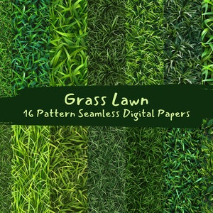 Könnte beinhalten: Eine Sammlung von 16 nahtlosen digitalen Papieren mit verschiedenen Texturen von grünen Rasenflächen. Das Bild enthält ein dunkelgrünes Banner mit den Worten "Grass Lawn" und "16 Pattern Seamless Digital Papers" in weißem Text.