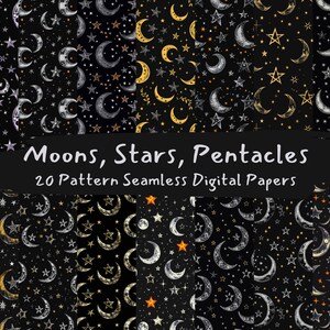 May include: A set of 20 digital paper patterns featuring moons, stars, and pentacles. The patterns are in black, white, and gold on a black background.