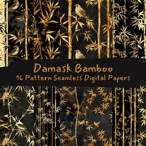 Peut inclure: Un ensemble de 16 papiers numériques avec un motif de bambou damassé en or et noir. Les motifs comprennent des tiges de bambou, des feuilles et des oiseaux.