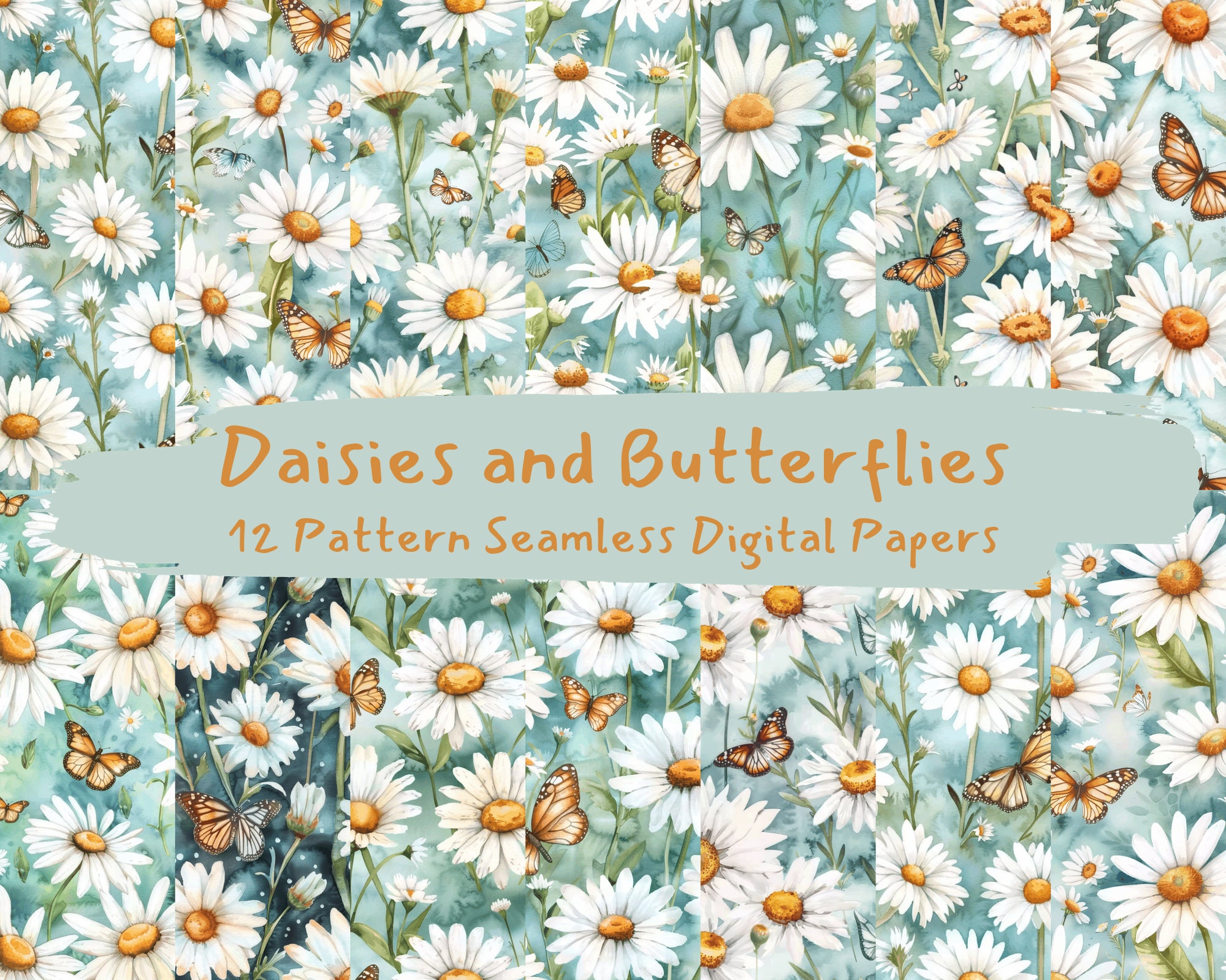 Daisies and Butterflies Pattern Seamless Digital Papers Printable ...
