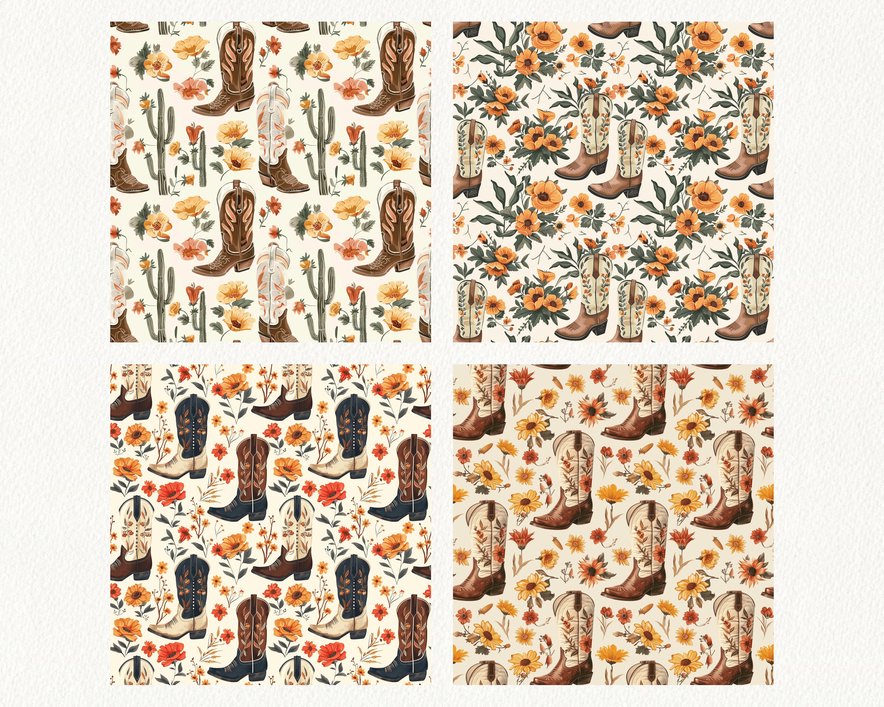 Cowgirl Boots Floral Pattern Seamless Digital Papers - Printable ...