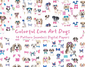 Colorful Line Art Dogs Pattern Seamless Digital Papers - printable scrapbook paper png instant download commercial use 300dpi