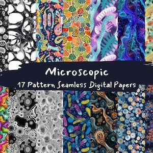 May include: A collection of 17 digital papers featuring microscopic patterns. The patterns are colorful and abstract, with a variety of shapes and textures. The papers are perfect for creating unique and eye-catching designs.