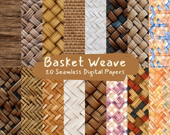 May include: A collection of 20 seamless digital papers featuring various basket weave patterns. The designs showcase a range of colors and textures, including natural tones, white, and watercolor effects. The text "Basket Weave" and "20 Seamless Digital Papers" are displayed.