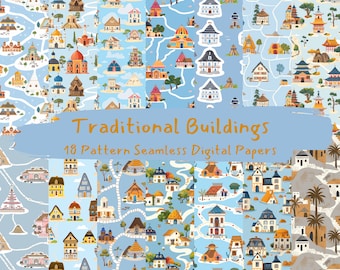 May include: A collection of 18 seamless digital paper patterns featuring traditional buildings from around the world. The patterns are in a variety of colors and styles, and they would be perfect for use in scrapbooking, card making, or other craft projects. The text "Traditional Buildings 18 Pattern Seamless Digital Papers" is displayed on the image.