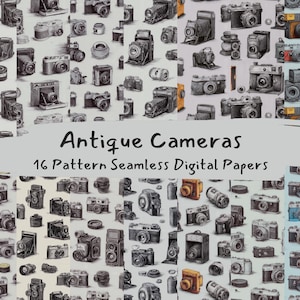 May include: A collection of antique cameras in various styles and sizes, rendered in a grayscale palette with touches of color. The image features the text "Antique Cameras" and "16 Pattern Seamless Digital Papers".