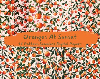 Naranjas al atardecer patrón sin costuras papeles digitales - descarga instantánea de papel de álbum de recortes imprimible, uso comercial, 300 ppp