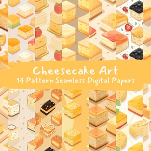 Könnte beinhalten: Ein digitales Papierpaket mit 14 nahtlosen Mustern, die verschiedene Designs von Cheesecakestücken und -teilen zeigen. Die Muster sind in verschiedenen Farben gehalten, darunter Gelb, Orange, Braun und Weiß. Der Text "Cheesecake Art" und "14 Pattern Seamless Digital Papers" ist auf einem gelben Banner dargestellt.