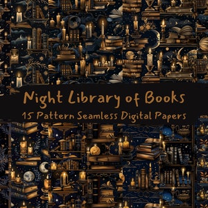 Op de afbeelding: Een naadloos patroon digitaal papier met een donkerblauwe achtergrond en gouden accenten. Het patroon bevat boeken, kaarsen en sterren. De tekst "Night Library of Books" en "15 Pattern Seamless Digital Papers" is opgenomen in de afbeelding.