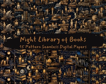 Night Library of Books Pattern Seamless Digital Papers - printable scrapbook paper instant download, commercial use, 300dpi