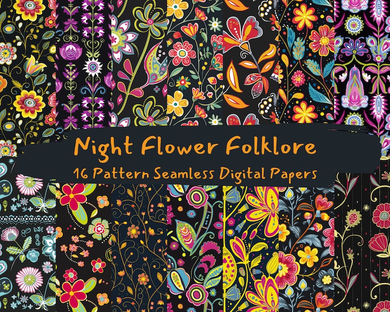 Night Flower Folklore Pattern Seamless Digital Papers - Printable ...