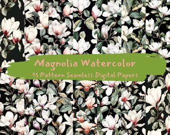 May include: A digital paper pack featuring 13 seamless patterns of watercolor magnolia flowers on a black background. The patterns are perfect for creating invitations, cards, scrapbook pages, and other craft projects.