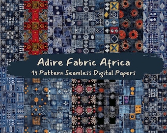 May include: A collection of 13 digital paper patterns featuring a variety of geometric and floral designs in shades of blue, red, yellow, and white. The patterns are inspired by traditional African textiles and are perfect for crafting projects, scrapbooking, and digital design.