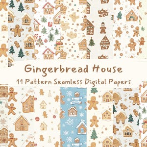 May include: A collection of 11 seamless digital papers with a gingerbread house theme. The papers feature gingerbread men, houses, and trees in various patterns. The color palette includes shades of brown, white, and blue, creating a festive holiday feel.
