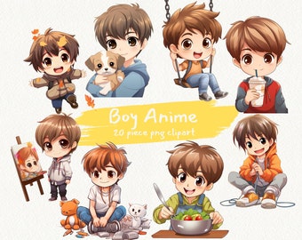 May include: A set of 20 digital clipart images featuring cute anime boys in various poses and activities. The boys are depicted with brown hair and wearing casual clothing. The images are perfect for creating digital projects, such as greeting cards, invitations, and social media graphics.