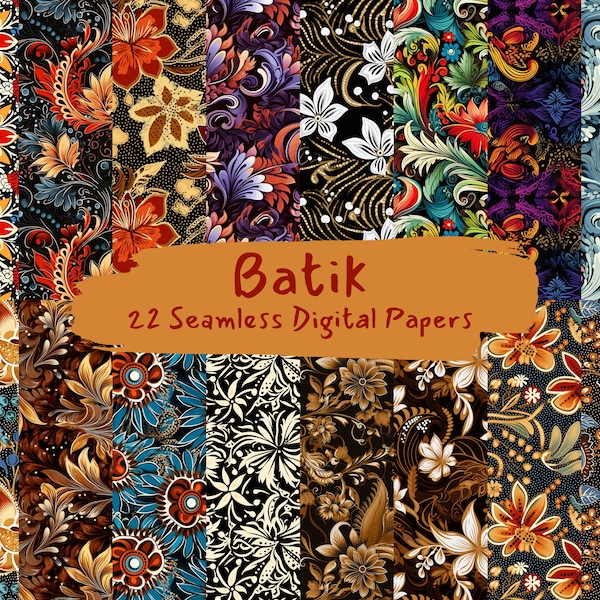 Batik Pattern Scrapbook Papers, Seamless Printable Patterns, Instant Download, Commercial Use 300dpi - Collection of 22 Unique Designs