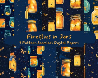Fireflies in Jars Pattern Seamless Digital Papers - printable scrapbook paper png instant download commercial use 300dpi