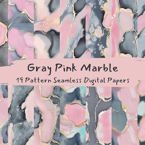 Op de afbeelding: 19 naadloze digitale papierpatronen met een grijs en roze marmerpatroon met gouden accenten.  Grijs Roze Marmer.