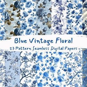 Blue Vintage Floral Pattern Seamless Digital Papers - printable scrapbook paper instant download for commercial use, 300dpi