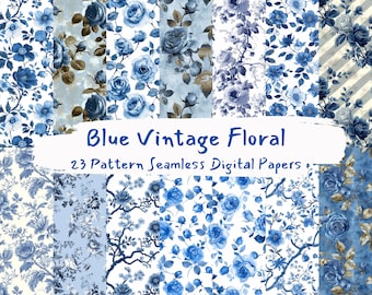 Blue Vintage Floral Pattern Seamless Digital Papers - printable scrapbook paper instant download for commercial use, 300dpi