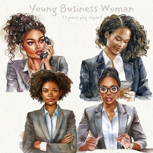 Paquete de imágenes prediseñadas imprimibles digitales de Young Business Woman en formato PNG fondo transparente descarga instantánea para uso comercial