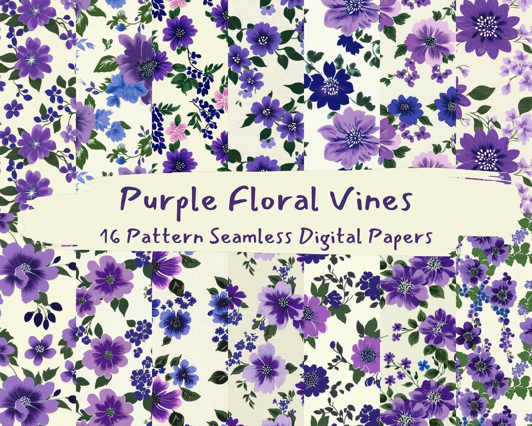 Spring Vines Paper Purple Floral Vines Pattern Seamless Digital Papers - Printable ...