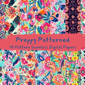 May include: A set of 14 digital papers featuring preppy patterned designs. The patterns are colorful and feature floral, geometric, and abstract motifs. The papers are perfect for scrapbooking, card making, and other craft projects.