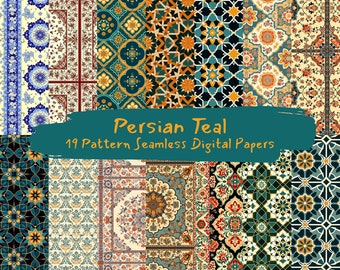 Könnte beinhalten: Ein Set mit 19 digitalen Papieren mit nahtlosen Mustern, inspiriert von persischen Fliesenmustern. Die Muster sind in den Farben Türkis, Blau, Gelb, Orange und Rot gehalten.