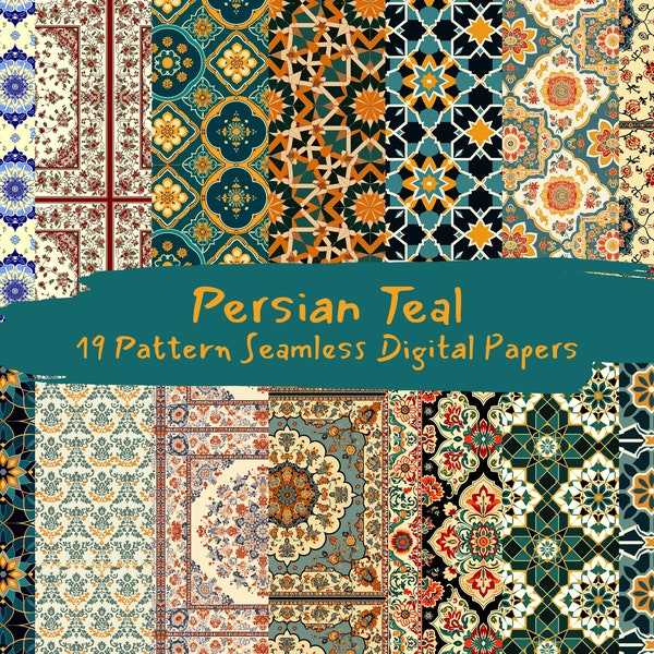 Persian Teal Pattern Seamless Digital Papers - printable scrapbook paper instant download for commercial use, 300dpi