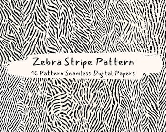May include: A seamless digital paper pattern featuring a black and white zebra stripe design. The pattern is perfect for creating backgrounds, scrapbooking, and other craft projects. The text "Zebra Stripe Pattern 16 Pattern Seamless Digital Papers" is included in the image.