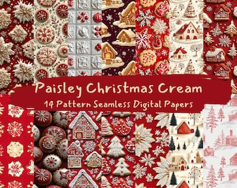 Papeles digitales sin costuras con estampado navideño de cachemira y crema: papel para álbum de recortes imprimible, descarga instantánea, uso comercial, 300 ppp