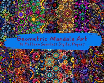 Geometric Mandala Art Pattern Seamless Digital Papers - printable scrapbook paper instant download, commercial use, 300dpi
