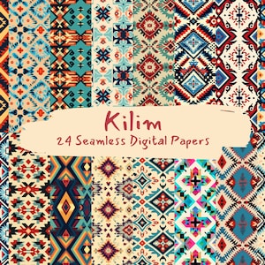 Könnte beinhalten: Eine Sammlung von 24 nahtlosen digitalen Papieren mit farbenfrohen geometrischen Mustern. Die Designs zeigen eine Vielzahl von Formen und Farben, darunter Rauten, Dreiecke und Zickzackmuster in Blau-, Orange-, Rot- und Cremetönen. Das Wort "Kilim" ist in Rot geschrieben.