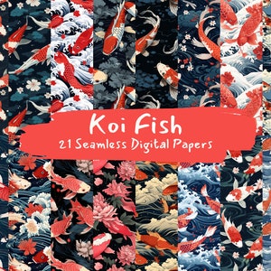 May include: A set of 21 digital papers featuring colorful koi fish swimming in a blue and white wave pattern. The papers are perfect for creating unique and beautiful projects.