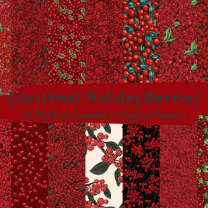 Christmas Holiday Berries Pattern Seamless Digital Papers - printable scrapbook paper png instant download commercial use 300dpi