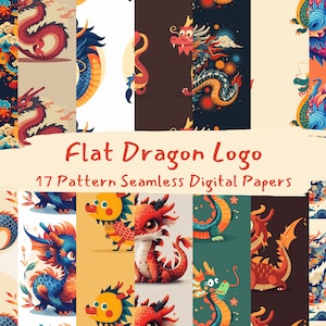 Flat Dragon Logo Pattern Seamless Digital Papers - printable scrapbook paper instant download, commercial use, 300dpi