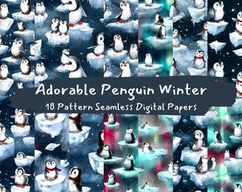 Adorable Penguin Winter Pattern Seamless Digital Papers - printable scrapbook paper png instant download commercial use 300dpi