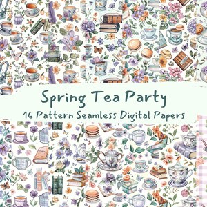 Spring Tea Party Pattern Seamless Digital Papers - printable scrapbook paper png instant download commercial use 300dpi