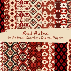 Puede incluir: Doce patrones de papel digital con diseños geométricos rojos, blancos y negros inspirados en el arte azteca. Los patrones son sin costuras y se pueden utilizar para una variedad de proyectos de manualidades.