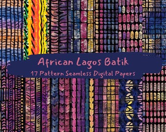 May include: A digital paper pack featuring 17 seamless patterns inspired by African Lagos batik. The patterns are a mix of geometric shapes, lines, and abstract designs in vibrant colors like pink, purple, blue, yellow, and orange.