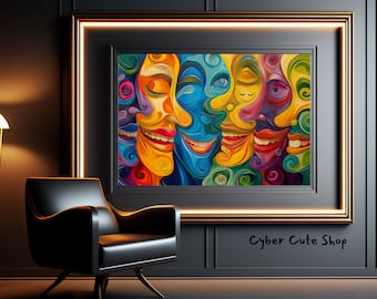 Bunte abstrakte Gesichter Kunst - druckbarer digitaler Download | Sofortige Wanddekoration | Lebendige Porträts | Emotionales Spektrum-Kunstwerk