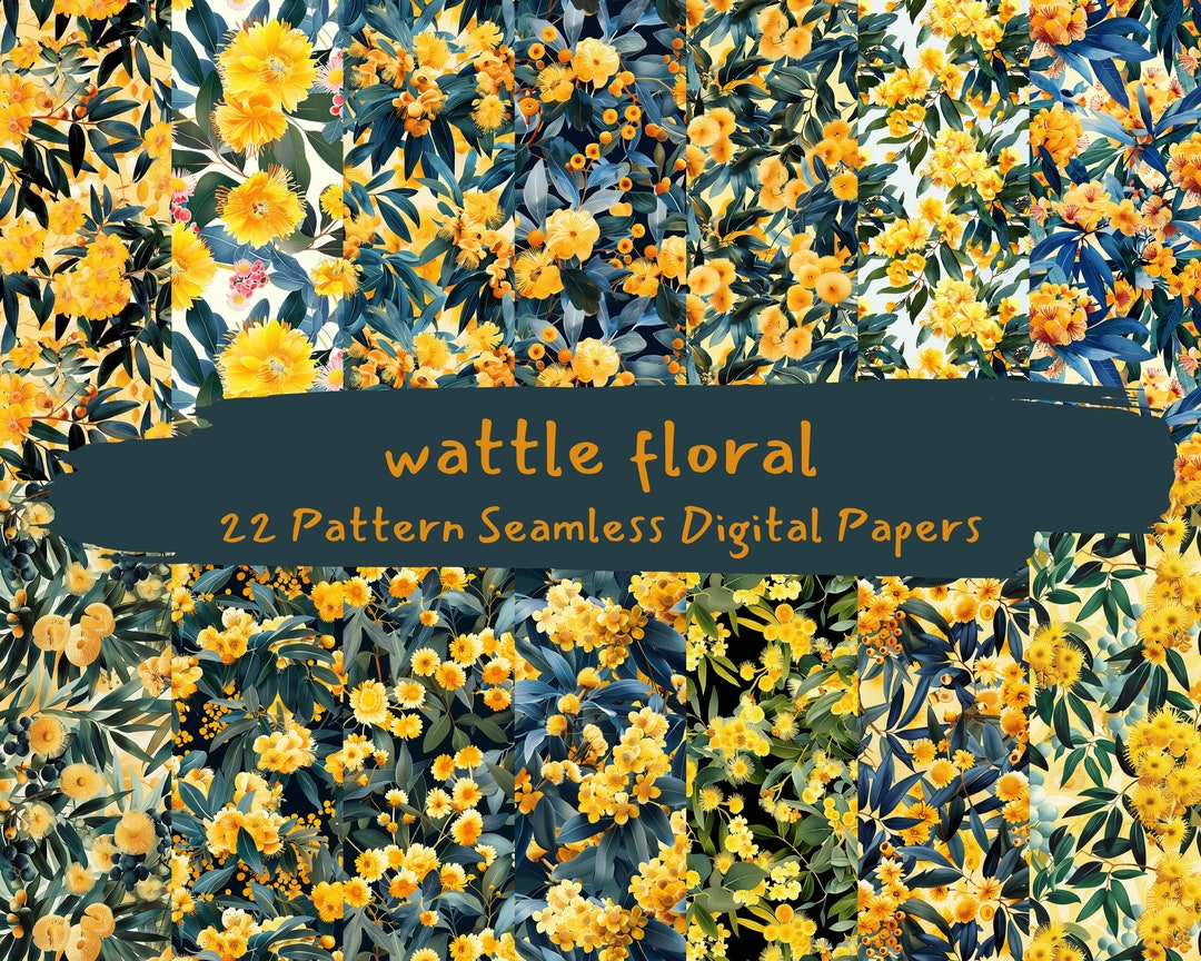 Wattle Pattern Raymond Wattle Floral Pattern Seamless Digital Papers - Printable Scrapbook ...